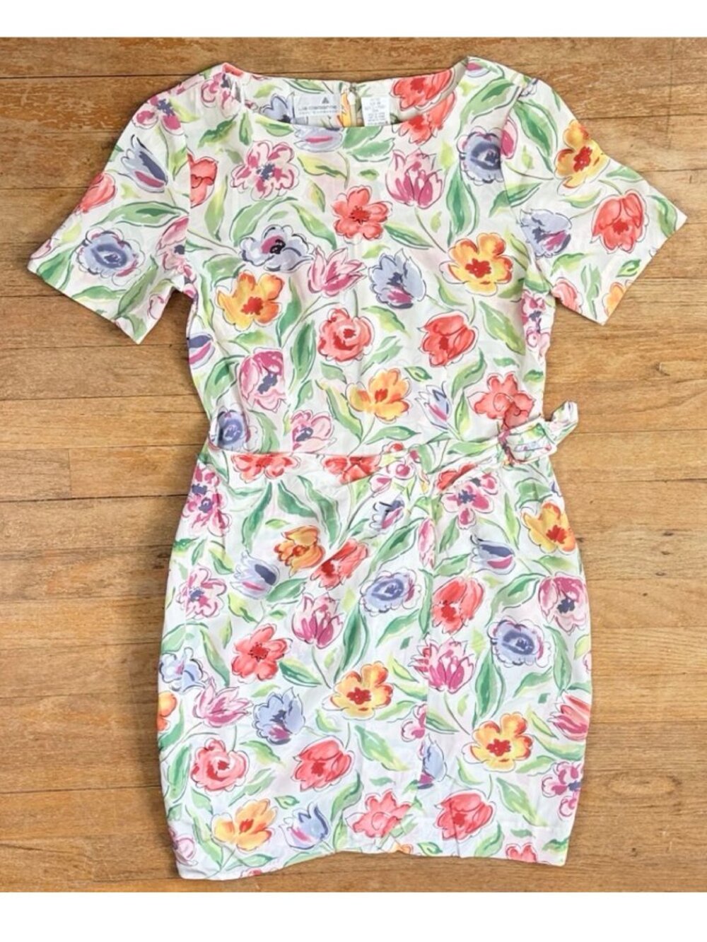 Vintage Floral Print Silk Dress Size Medium 80s Watercolor Garden Short Sleeve